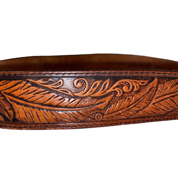 Vintage Justin Tooled Leather Belt Mens Size 38 Buckle Native American Buffalo - Picture 4 of 13